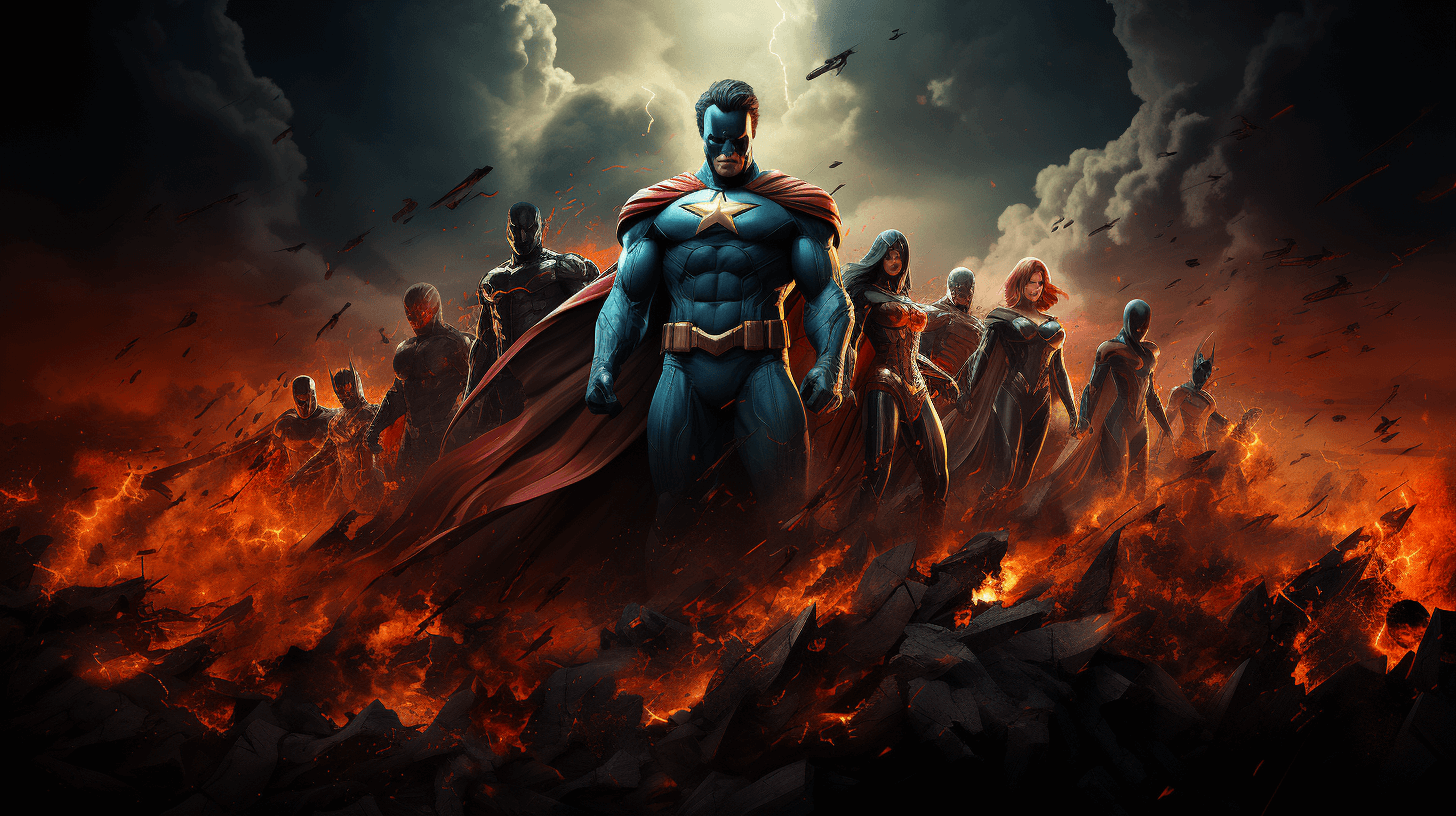 The-Justice-League-heroes-stand-united-in-front-of-a-blazing-fire-ready-to-defend-against-any-threat